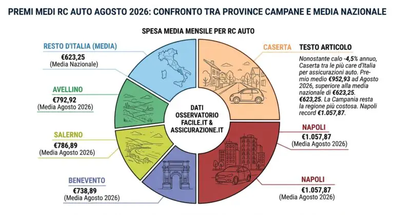 RC auto, Caserta seconda provincia più cara d’Italia: il premio medio sfiora i mille euro
