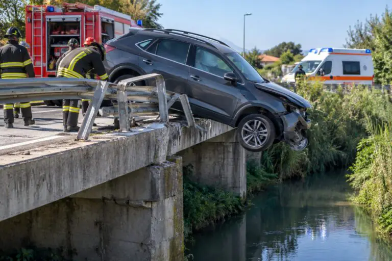 Si schianta contro le barriere, auto resta sospesa nel vuoto