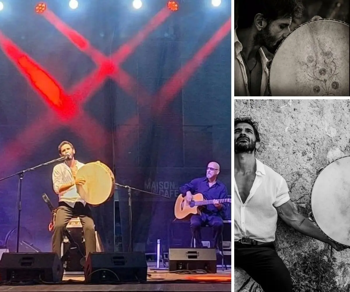 Luca Rossi durante un concerto con la tammorra