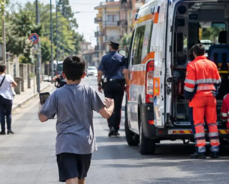 Bimbo cammina scalzo al centro della strada, aiutato da 2 donne e ambulanza