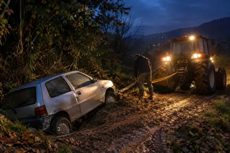 Auto finisce in un fossato nel bosco, famiglia in trappola: giovane li salva con il trattore
