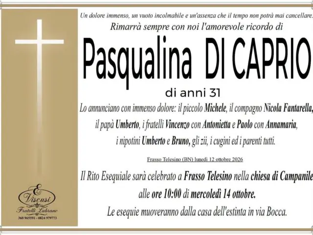 Pasqualina Di Caprio domani i funerali